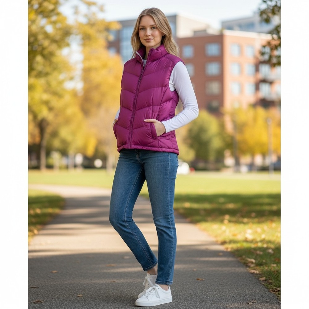 Mountain Equipment Co-op MEC Womens Magenta Down Puffer Vest XS Chevron Quilted